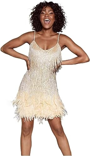 Tina Turner Fringe Dress Gold with Feathers Disco Outfit 70s Women's Costume 20s Charleston Mini Dress, Size: XXL