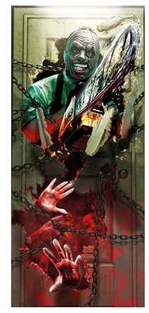 FIESTAS GUIRCA | Decoración Puerta Asesino Sierra Eléctrica Tela (80x180 cm) - Ideal para Fiestas de Halloween y Celebraciones de Policías - Decoración de Pared, Puerta y Ventana - Multicolor