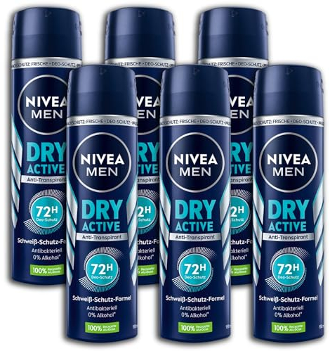 6 er Pack Nivea Men Dry Active Deodorant Deo Spray 6 x 150ml