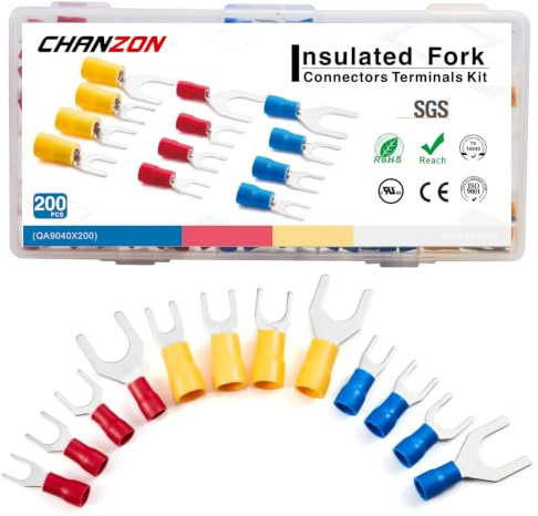 Chanzon isolierte Gabelkabelschuhe M4 M5 M6 M8 Kit U-Typ 22–10 AWG Crimpverbinder Nr. 8 Nr. 10 1/4 Zoll 5/16 Zoll Elektrodraht – Rot, Blau, Gelb, PVC, Messing, Kupfer, Sortiment