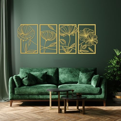 Metall Wanddeko Gold, 4 Stück Lotosblume aus Metall Deko Wohnzimmer Wanddeko, Wand Kunst Einzeilige Eisen Wand Skulpturen für Zuhause Büro Wohnzimmer Hotel Dekoration