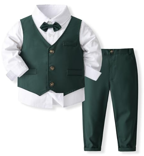 Volunboy Baby Anzug Jungen Anzugweste Hemd mit Fliege für Festlich Hochzeit Bekleidung Set 4tlg(Tiefgrün,3-4 Jahre,Größe 110)