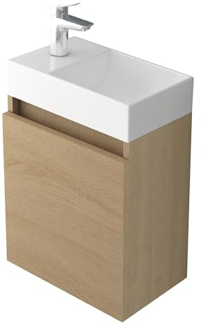 Alpenberger Gäste WC Waschbecken mit Unterschrank 45 cm | Badezimmerschrank Schmal | Badmöbel Set Waschplätze für Kleine Bäder | Waschbeckenunterschrank (Eiche Hell, Waschbecken - Rechte Seite)