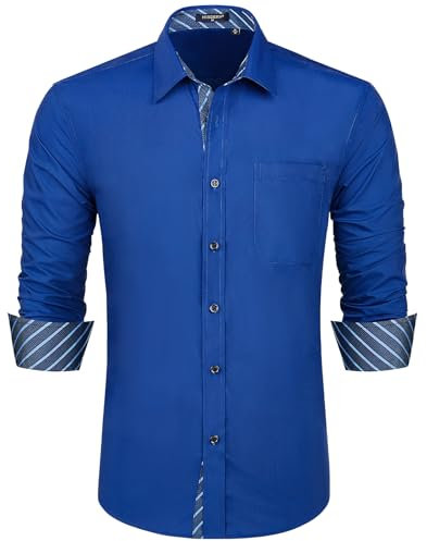 HISDERN Camicia Elegante da Uomo Camicie Formali a Maniche Lunghe Regular Fit Senza Rughe con Tasca per la Festa di Nozze Blu Royal 2XL