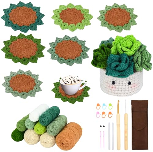 HoaaiGo Crochet Kit for Beginners, 6 PCS Handmade Coasters in a Plant Pot Crochet Start Kit, Complete Beginner Crochet Kit with Yarn, Accessories, Complete Crochet Starter Kit for Adult Beginners