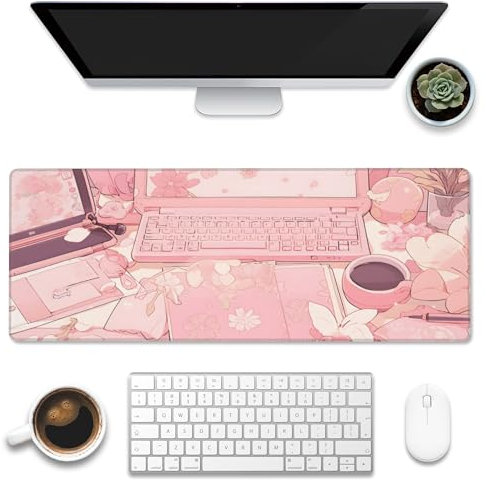 Eflxamz Großes Gaming-Mauspad für den Schreibtisch, rosa Kawaii-Anime-Girl-Schreibtischunterlage, Kawaii-Anime-Schreibtischunterlage, erweiterte große Computer-Tastatur-Mauspad mit rutschfester