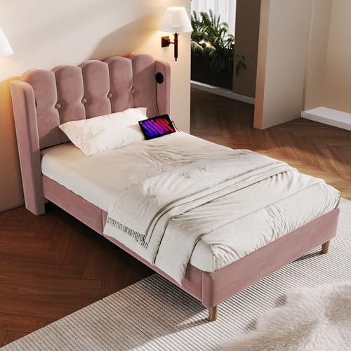 Polsterbett mit USB Typ C Ladefunktion, 90 x 200 cm, Rosa, Samtstoff, Romantisches Design