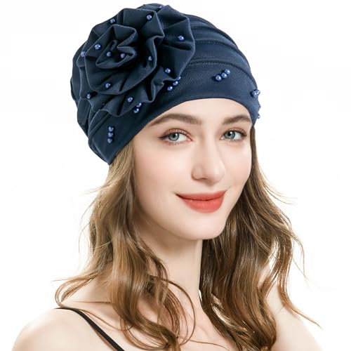 ZLYC Damen Summer Beanie Mütze Elastischer Chemo Hut mit Blumen(Blume Marine),Einheitsgröße