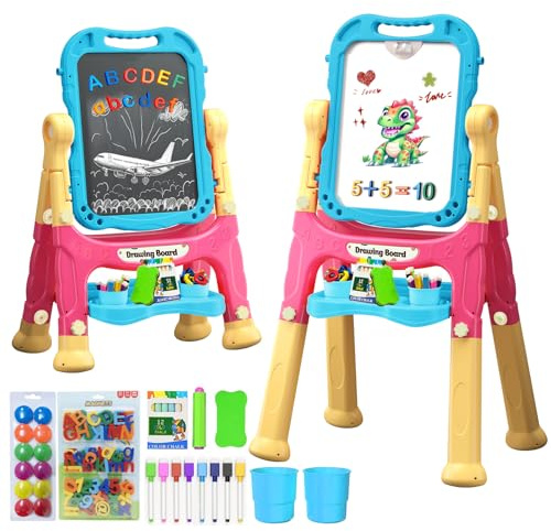 Juivin Art Easel for Kids Double Sided Magnetic Drawing Board with Letters & Numbers, Adjustable Standing Easel for Toddlers, Creative Play & Learning Toys for Kids - Blue