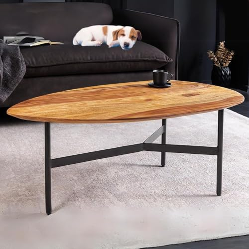 LEBENSwohnART Design Couchtisch BELLEZA 85cm Natural Sheesham-Holz Palisander Schwarze Metallbeine dreieckig oval