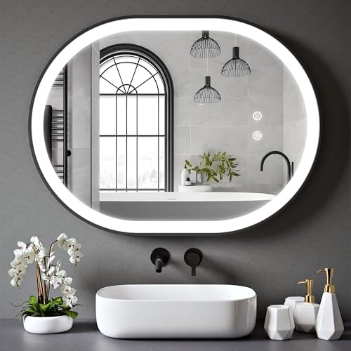 BELOFAY 500x700mm Black Framed Oval Bathroom LED Mirror, Illuminated Bathroom Oval Toughened Mirror with LED Lights Dimmable Anti-fog Shatter-Proof Tempered Wall Mirrors with Demister Pad (Amias)