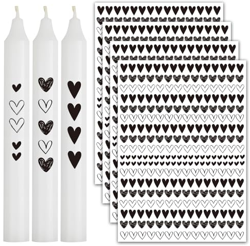 BETESSIN 4 Bögen Kerzentattoo Kerzenfolie Herzen Kerzen Verzieren Sticker Aufkleber Herzchen Schwarz Weiß Glückslicht Kerzensticker Wasserschiebefolie Sticker DIY Kerzen Tassen Stabkerzen Dekoration