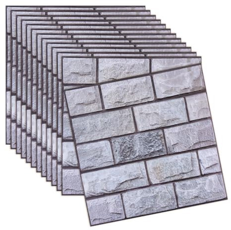 DICOSMETIC 12Pcs Grey 3D Brick Wall Panels Peel 11.77x11.37x1Inch PVC Self Adhesive Brick Wallpaper Textured Waterproof Wall Stickers for Bedroom Kitchen Wall Decoration