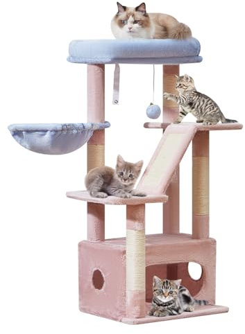 Taoqimiao Kratzbaum, 97 cm, Katzenturm für Indoor-Katzen, geeignet für Kätzchen mit luxuriöser Katzenhütte mit verstellbaren Körben und luxuriöser Sitzstange, Rosa und Blau