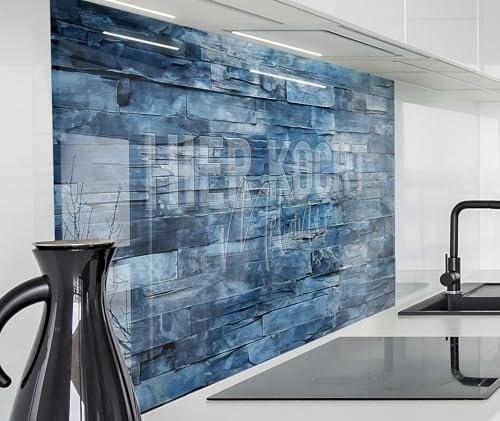 timalo Herd Spritzschutz Wand Spüle, Küche Küchenrückwand Glasoptik | Acryl Glas 2mm | Glasrückwand Acrylglas - personalisiert mit Namen - Rückwandschutz Platte | 100x50cm Blaue Steinwand, Mauer