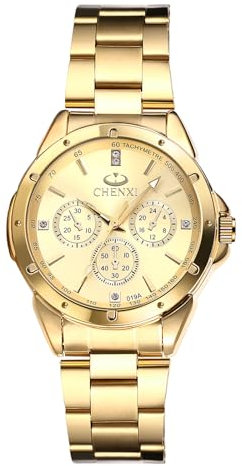 JewelryWe Damenuhr Edelstahl Leuchtende Uhren: 30m Wasserdicht Analog Quarz Armbanduhr Damen DREI Augen Gold Edelstahlarmband Geschäft Lässige Uhr mit Gold Diamant-Balkenskala Zifferblatt