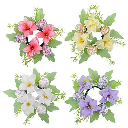 4 Stück Kerzenring Blumen Ostereier Kerzenringe, Osterkerzenringe Kränze, Ostern Blumenkranz Deko, Kerzenringe Für Stabkerzen Blumen, Künstliche RoseKerzenkranz Für Ostern Frühling,Tische, Frühling