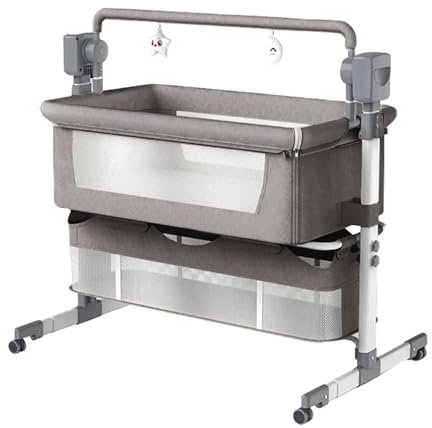 MoLi Beistellbett Baby mit Rollen, Convertible Faltbar Co-Sleeping Babybett, Stubenwagen Baby Kleinkind Wiege mit Musik, Fernbedienung und 5-schwankende Zahnräder (Light Grey)