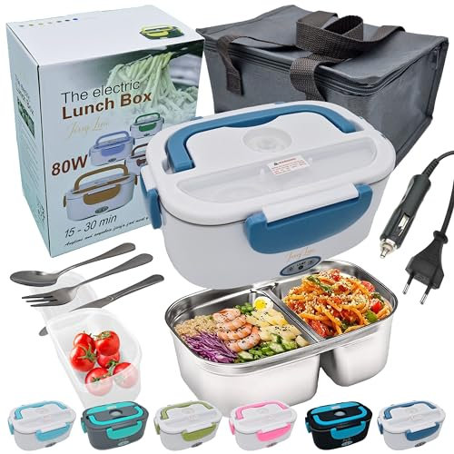 JessyLine Fiambrera Eléctrica 3 en 1 12V/24V/220V 80W para Coche, Camión y Oficina – Contenedor de 2 Compartimentos de Acero Inoxidable y capacidad 1,5L Bolsa Térmica y Cubiertos (Blanca y azul)