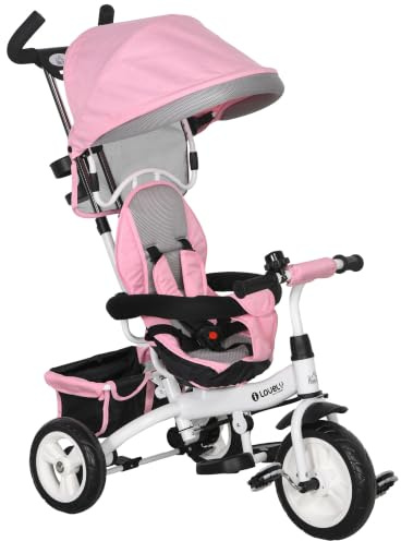 HOMCOM Triciclo per Bambini 1-5 Anni Evolutivo con Maniglione 6 in 1 Rosa | Passeggino per Bambini, Tettuccio Regolabile, Cintura di Sicurezza, Cestino