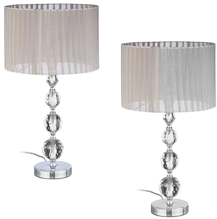 Relaxdays Tischlampe, 2er Set, Glasfuß, Stoffschirm, E27, HxD 53 x 29,5 cm, Nachttischlampe Kristalloptik, grau/Silber