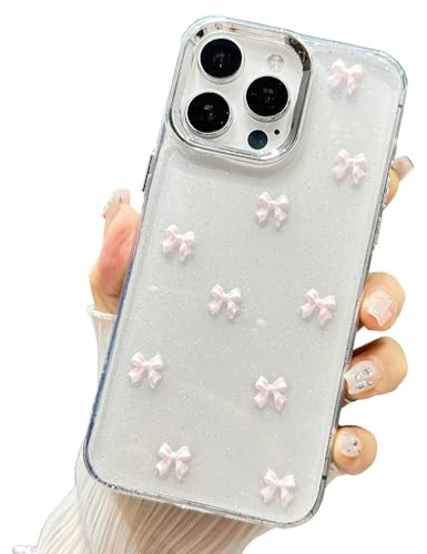 Esakycn for iPhone 15 6.1 Case, Phone Case Glitter 3D Bow Sparkly Bling Shiny Crystal Clear Bowknot Aesthetic Design Cute TPU Transparent for Women Girls Protective Cover, Pink
