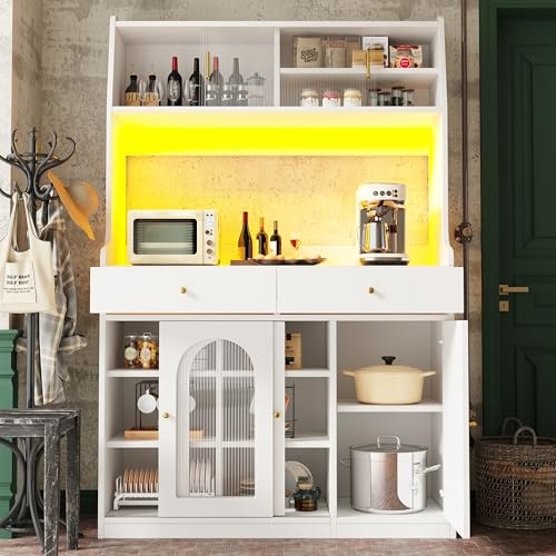 Idemon Küchenschränke, Hochschränke, Vitrinenschränke, Sideboards mit verstellbaren Böden, Esszimmerschränke mit 2 Schubladen, Sideboards mit Fantasiebeleuchtung, veränderbaren Lichtfarben, (White)