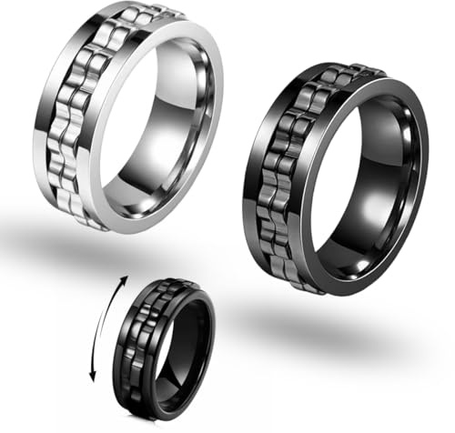 UIEXAY 2 Piezas Anillo Antiansiedad Antiestrés De 8 Mm, Anillo Giratorio Con Engranajes Anillos Para Hombre, Anillos Giratorio Con Cadena Giratoria Para Hombres Y Mujeres (Negro, Plata)