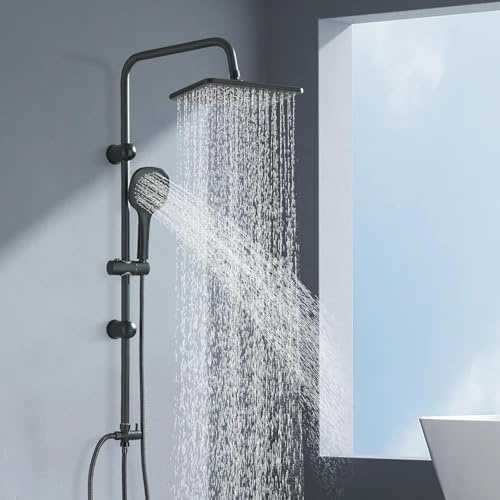 Duscharmatur Komplettset Regendusche mit Regendusche Duschkopf und Handbrause Dusche Komplett für BadzimmerHandbrause mit 3 Strahlarten Duschsystem ohne Armatur Schwarz