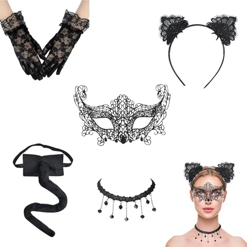 OZNXWRYY Katzenkostüm Damen Set mit Cat-Ear Haarschmuck, Filz Schwanz, Masken, Handschuhen und Fischlinienhalskette – Perfekt für Halloween, Karneval und Themenpartys in Schwarz, Einheitsgröße