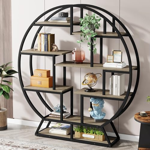 Tribesigns Rundes Bücherregal, Industrielles 5 Etagere-Bücherregal, 160 cm hohes, Rustikales offenes Regal, Organizer, Ausstellungsregal für Zuhause, Büro, Wohnzimmer, Grau