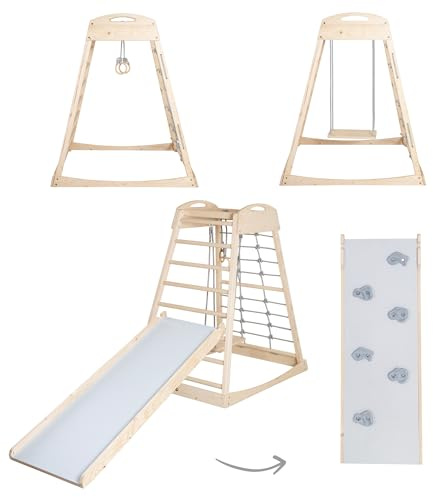 roba Montessori Indoor Spielturm für Kinder ab 24 Monaten, inklusive 2-in-1 Rutsch- & Kletterbrett, Schaukel und Turnringen, aus Massivholz, 128,5 x 79 x 106,5 cm