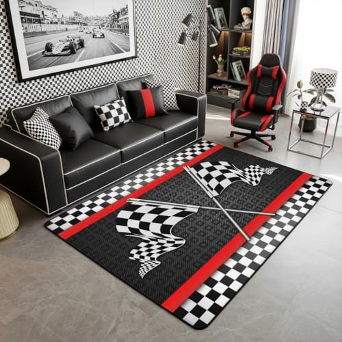 feelingyou Rennwagen Spielen Wohnzimmer Teppich 100x150cm Schwarz weißes quadratisches Gitter Schlafzimmerbereich Teppich für Kinder Teens Moderner Rennsport Indoor Matte Heimdekor