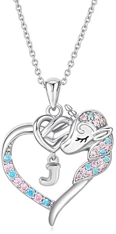 SLOONG Einhorn Geschenke für Mädchen, Silber Herz Kette mit Buchstaben | Versilbert Herz Kette Hypoallergen Kinder Schmuck Geburtstagsgeschenk Geschenke für Kinder Mädchen