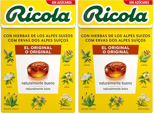 Ricola - Hierbas Suizas Original, Caramelos Duros Sin Azúcar, Refresca, Alivia la Garganta y la Respiración, con Aceites Esenciales de Menta y Mentol y 13 Hierbas Suizas, con Edulcorantes - Caja 50 g