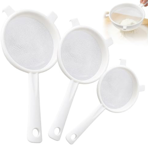 3-Piece Plastic Fine Mesh Strainer Set with Handle - Nylon Sieve Colander for Kitchen, Baking, Tea, Juice, Yogurt and Flour Sifter - Lightweight and Rust-Proof