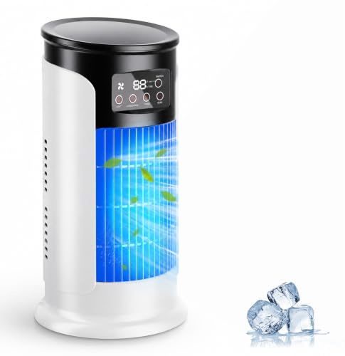 Mini climatiseur portable à 6 vitesses et minuterie 6 h, veilleuse LED 7 couleurs, humidificateur brumisateur, direction de l'air réglable à 15°, idéal pour la chambre, le bureau et le bureau (B)
