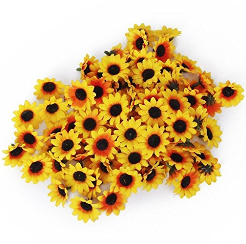 HugeStore 100 Stück Klein Künstlichen Blumn Gänseblümchen Köpfe Sonnenblume für Hochzeit Gelb