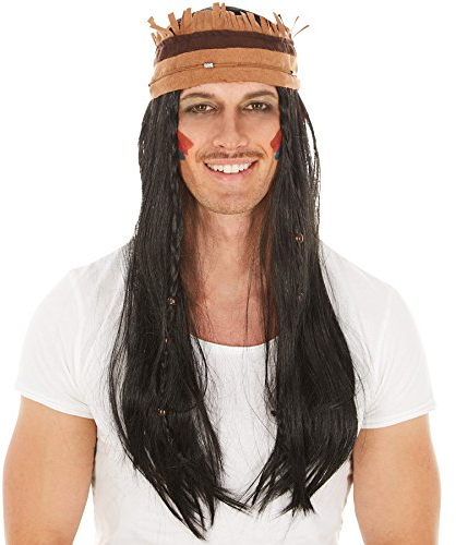 dressforfun Perücke mit Haarband und Holzperlen Verzierung | 70 cm | Indianer Apache Indianerin Fasching