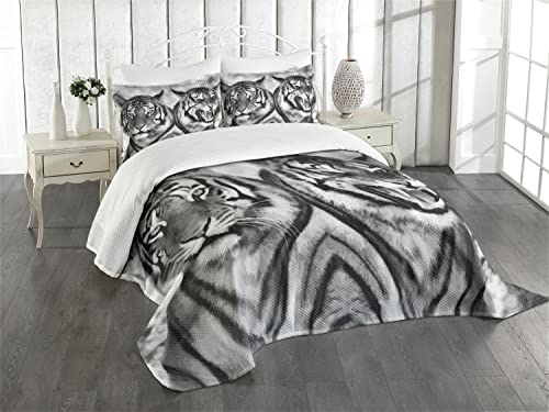 ABAKUHAUS Safari Tagesdecke Set, Aggressive Wild Tiger, Set mit Kissenbezug Moderne Designs, für Einzelbetten 170 x 220 cm, Hellgrau Schwarz