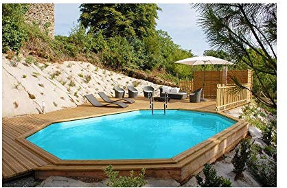 GRE 790098 - Piscina de madera ovalada SUNBAY 672 x 472 x 146 cm con escalera Ext. Madera/Int. Acero inoxidable y filtro de arena 12 m3/h