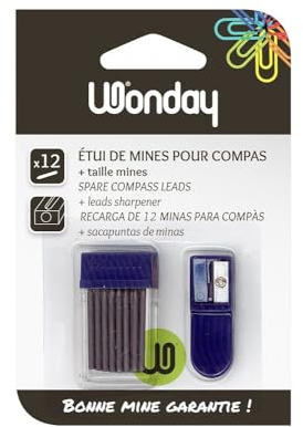Wondday - Astuccio da 12 mine da 2 mm per compasso, con temperamatite