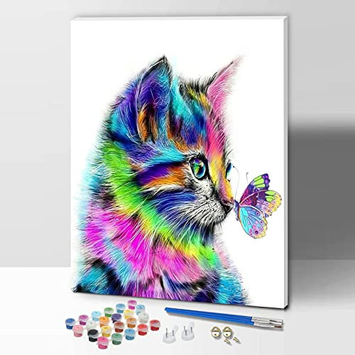 ifymei Peinture par Numero pour Enfant et Adulte, Loisirs Créatifs Activité Manuelle, Peinture Acrylique Kit de Dessin pour Filles et Garçons, Avec Cadre 30 x 40 cm - Animaux - Chat et Papillon