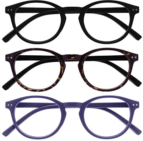 OPULIZE Zen Lesebrille 3er Pack Kleine Runde Rahmen Federscharniere Kratzfest Matt Schwarz Dunkelbraune Lila Herren Damen RRR24-125 +1.50