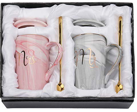 Yesland 2 Pack Mr and Mrs Coffee Mugs Ceramic Marble Cups Gift Mugs for Couple Lovers Wedding Friends Bride Groom, 400ml
