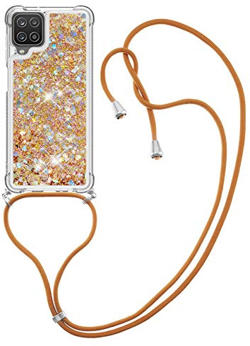 CaseLover Handykette Handyhülle für Samsung Galaxy A12/M12, Glitzer Flüssig Bewegende Treibsand Transparent Silikon Case mit Kordel zum Umhängen Necklace Hülle mit Band für Samsung Galaxy A12, Golden