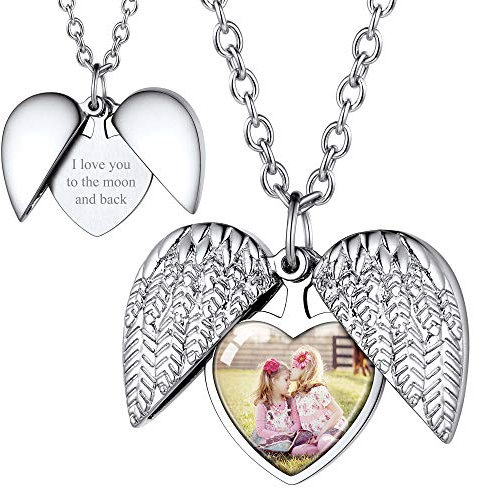 FOCALOOK personalisiert Foto Amulett Collier für Damen Mädchen 18k vergoldet Herz Medaillon zu Öffnen Engelflügel Anhänger Halskette Floating Locket Schmuck für Muttertag Weihnachten