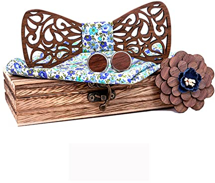 HZQIFEI Noeud Papillon Bois, Ensemble 4 Pièces Noeud Papillon en Bois + Boutons de manchette + Broche + Carré de Poche, Accessoire Mode (Style#03)