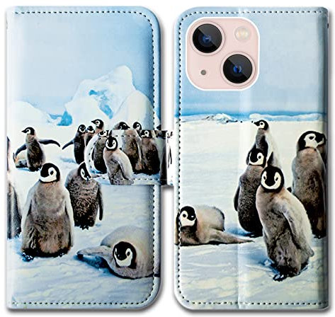 Bcov iPhone 14 Case, Cute Playing Penguin Leather Flip Phone Case Wallet Cover with Card Slot Holder Kickstand For iPhone 14