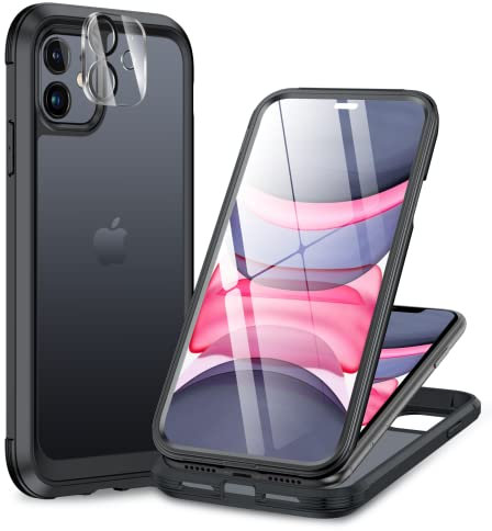 Miracase Glass Case for iPhone 11 6.1 inches, [Built-in Glass Screen Protector] 360 Full Body Shockproof Rubber Bumper Clear Back Phone Case Cover Compatible with iPhone 11 (Matte Black)